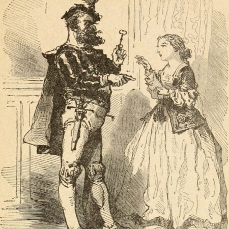 Contes_De_Fees_(1908)_(14772635963) Ink drawing of a man with a dagger at hip, cape and a plumed hat handing a key to a woman in a 17th century dress