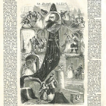 La_Barbe_bleue_-_Le_Magasin_illustré_(18_octobre_1868) a magazine page with text surrounding an almost full page black and white illustration. In the top center is oval frame of Bluebeard with a black cape drapes down, at the bottom Bluebeard stands over the woman kneeling. To the sides are various other scenes from the story