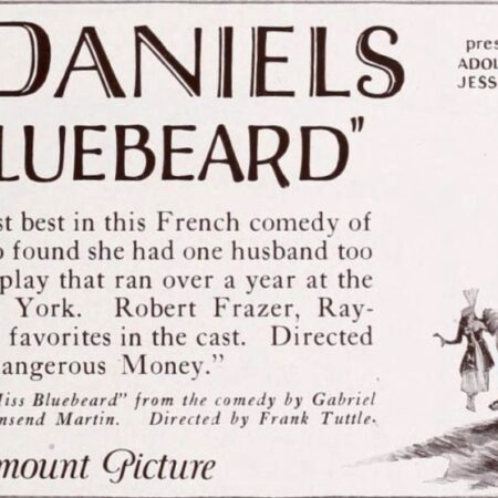 Miss_Bluebeard_(1925)_-_1 Lobby card for Miss Bluebeard, starring Bebe Daniels, the text reads "Bebe is at her friskiest best in this French comedy of the young wife who found she had one husband too many" An illustration of a women reclining in the lower right with a turban and holding a peacock feather fan. A tiny male and female in Middle Eastern dress are behind her