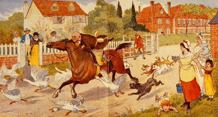 Book illustration in pen of men in robes and head pieces in side profile riding on various mythic animals.