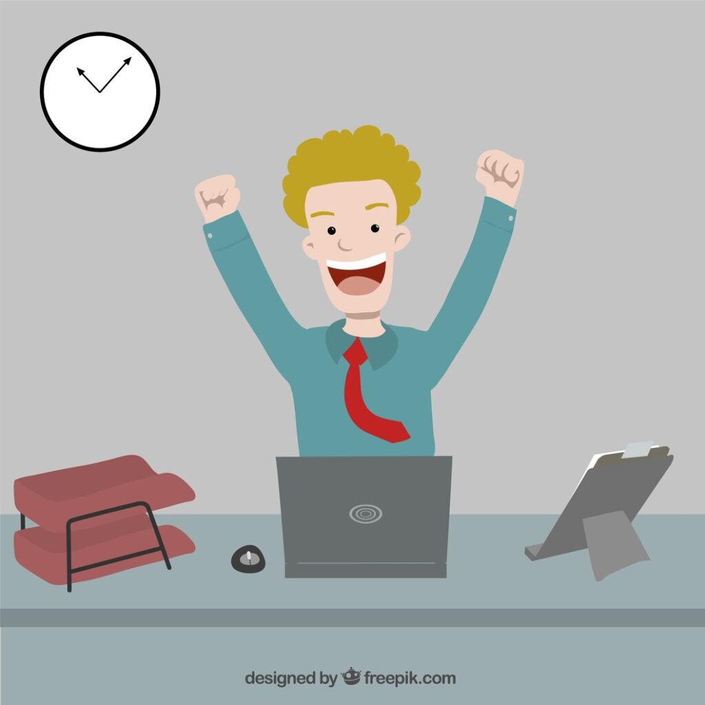 Cartoon of person sitting at desk with victory expression and arms up for finishing a job