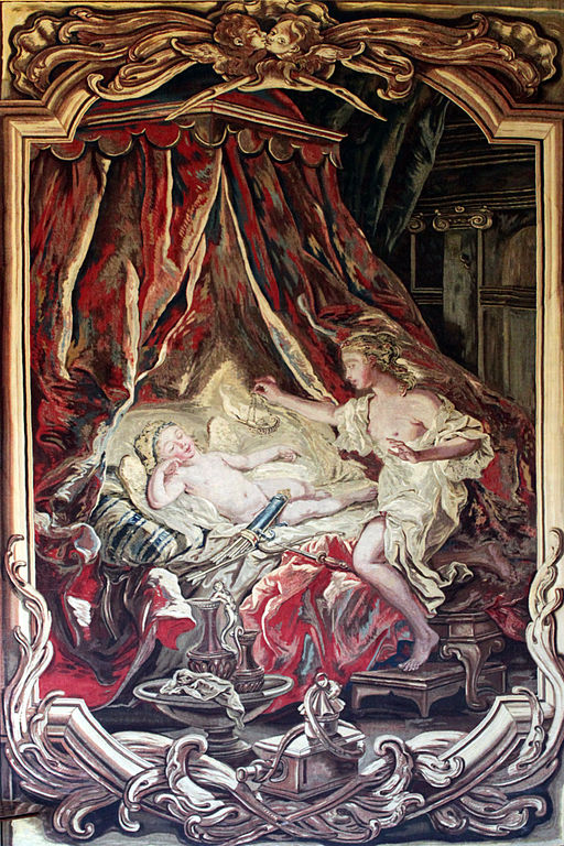 Red draped bed with a pale figure and another figure leaning over the bed