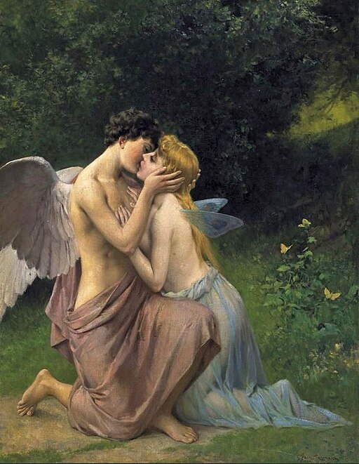 Winged man kneeling and kissing a kneeling woman