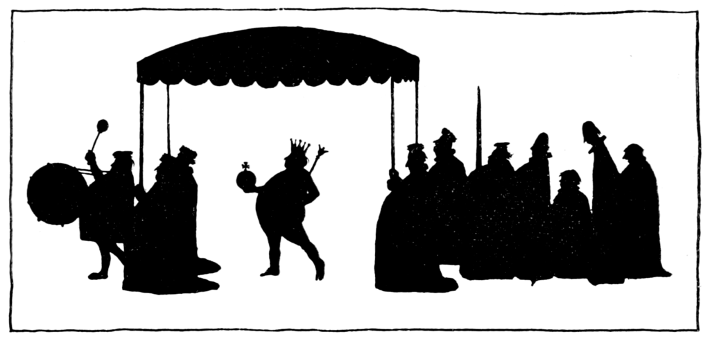 Silhoutte of a Naked Man under a royal canopy held by courtiers