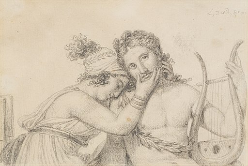 line drawing of a woman holding onto a man