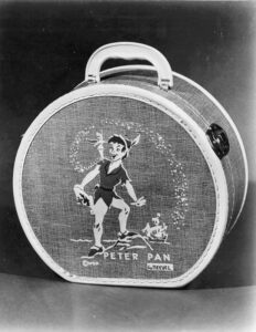 round woven structured handbag with image of Peter Pan and Tinkerbell