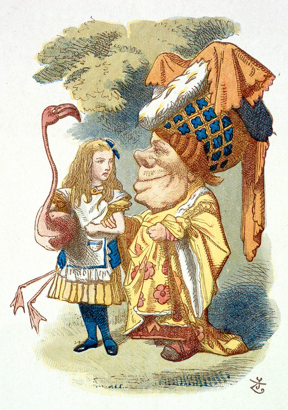 Colored image of Alice in yellow dress holding a flamingo, the duchess with an oversized head and elaborate headdress