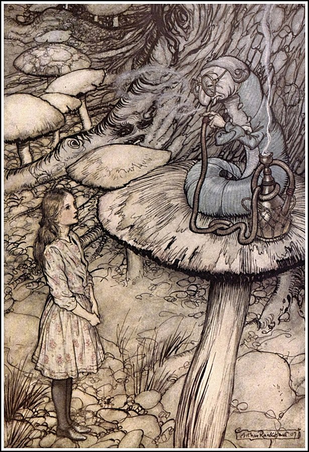 Watercolor illustrations of Alice, with long hair looking up at a mushroom on which a caterpillar smokes a hookah. He wears glasses and a barrister wig.