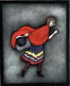 Older red riding hood with a red cape and fur lined hood, multicolored striped skirt, grey background