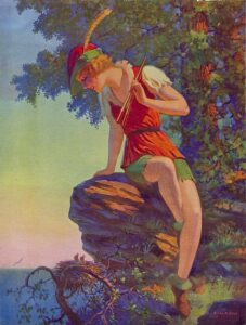 Older Peter Pan with green shorts, belted red tunic vest, a red and green hat with a feather, sits on a rock looking at a nest of birds, ocean in the backround and a large tree