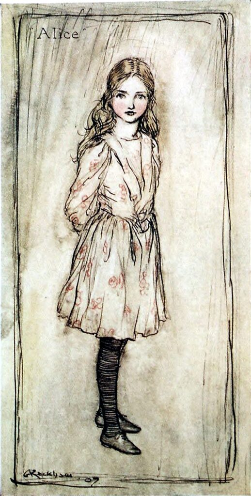 A drawing of a blond girl of about 10 stands wearing a white dress with pink flowers, dark tights. Muted palette