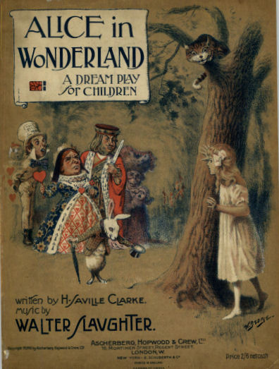 a blond Alice in a white dress looking around a tree trunk in which the chesire cat sits. To the right are the king queen mad hatter and duchess, the rabbit bows toward her in the center