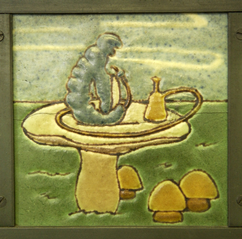 Tile of the back of the blue caterpillar with a hookah sitting on a mushroom. three smaller mushrooms below, green and blue background