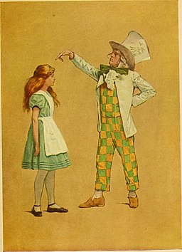 Alice in blue dress with white pinafore, blond/brown hair, white tights and black Mary-Janes, to her right the Mad Hatter stands and points at her in a yellow and green checkered suit and white coat and large white hat, plain yellow background