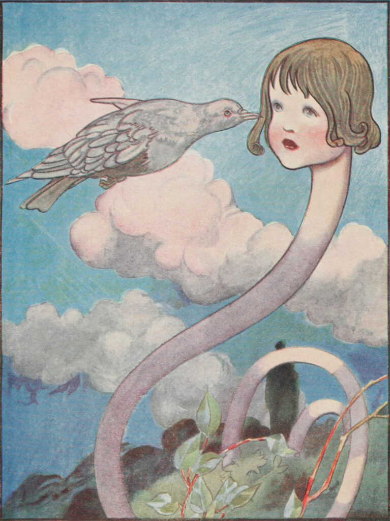 blue sky with clouds, trees near the bottom from which the neck of a girl with bobbed brown hair twists around. Sh looks at a flying grey bird.