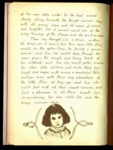 hand written text with illustration of a girl with dark short hair