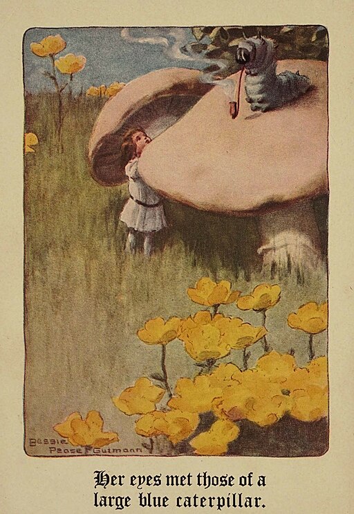 A small girl in a white dress is half hidden between two mushrooms looking up at a caterpillar smoking a long pipe is at the center of the largest mushroom. Yellow flowers are in the front