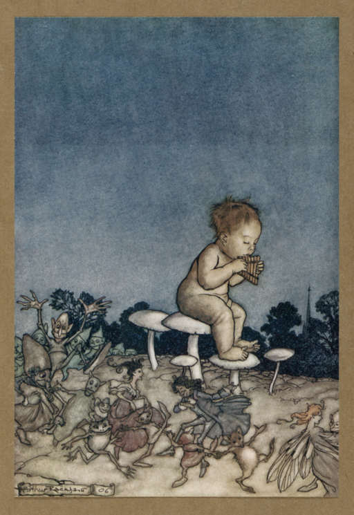 Watercolor with blue background of a baby on a toadstool with pipes, below small strange fairy figures dance