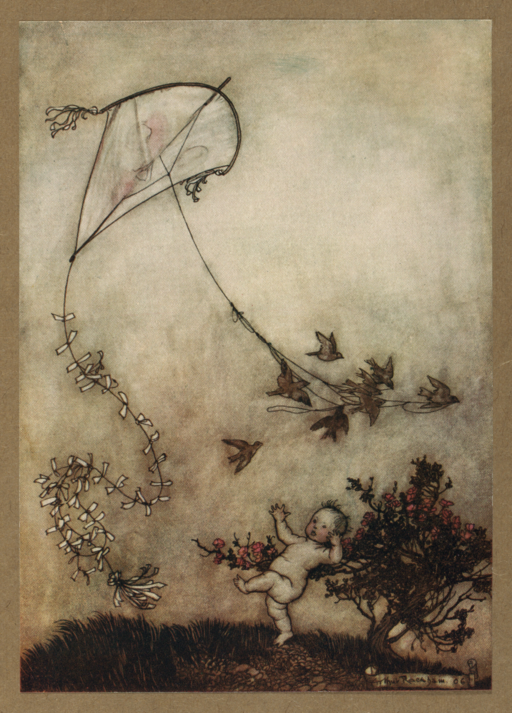 watercolor of a kite with a tail with white ribbons being pulled by birds, a baby is below