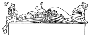 black and white drawing of an open book with animals walking on top of it, at one end a fairy with a butterfly and at the other a mother with a child on her back