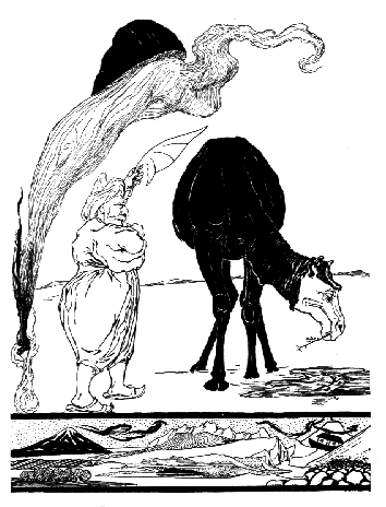 Black camel with back end toward the front, head white, to the left stands a lage djinn with a bottle and smoke coming out of it