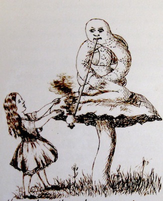 A caterpillar with a bald human looking head smokes a long pipe atop of a mushroom. A little girl in pinafore on the lower left has her hands on the mushroom and looks up