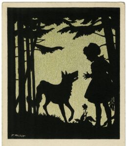 Silhouette of little girl surprised at seeing a wolf on all fours, a frame of trees surrounds them and a flower is growing between.