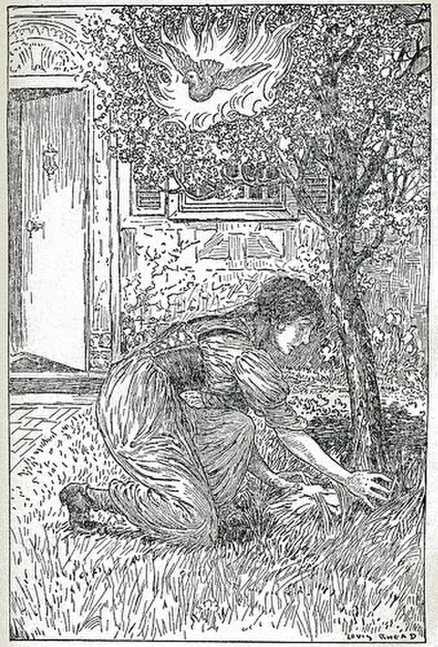 Detailed line drawing of a woman kneeling before a tree in a dress with bodice. In the branches of a tree is a flying bird, behind is an open door and a window
