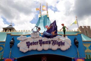 photo of awning for Peter Pan's Flight written on clouds, above Peter Wendy John and Michael fly around Big Ben