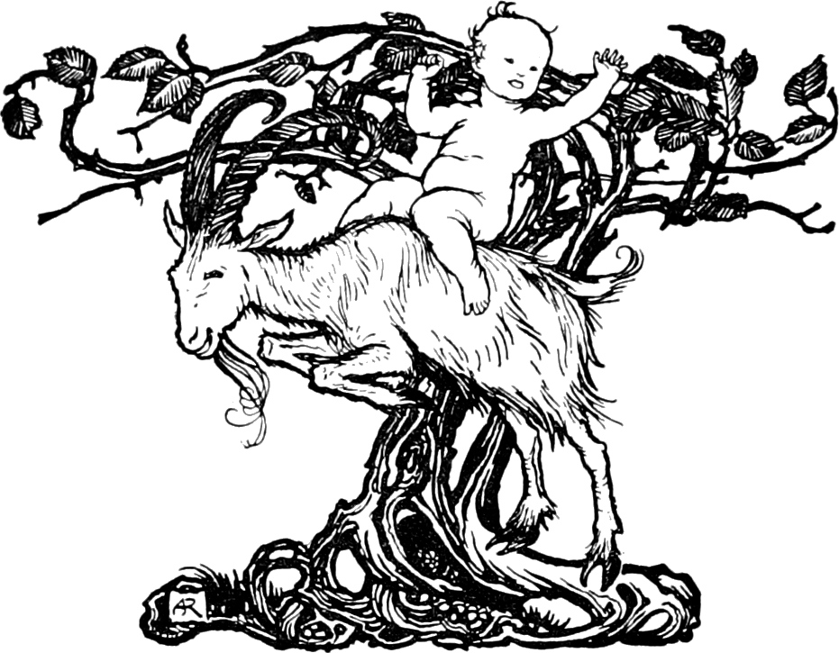 drawing of a baby on a jumping goat with a tree in back