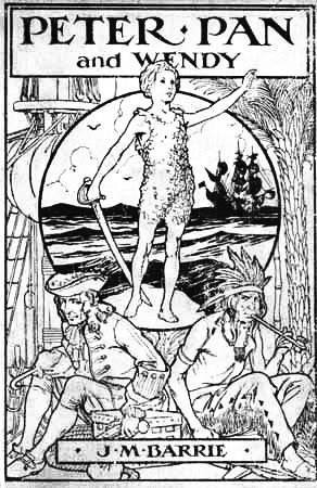 title and a boy standing on a rock with sword, pirate and indian are seated below
