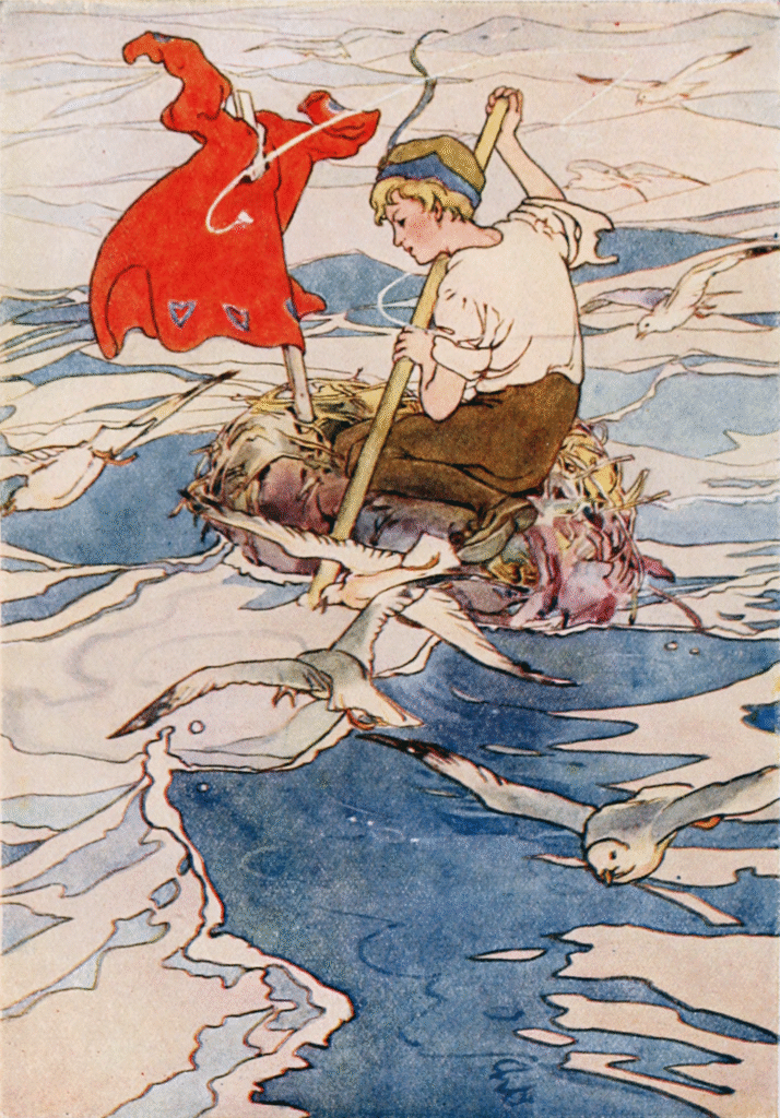 A blond boy in white pants and brown shirt paddles a birds nest, his red shirt is the sail, seagulls fly nearby