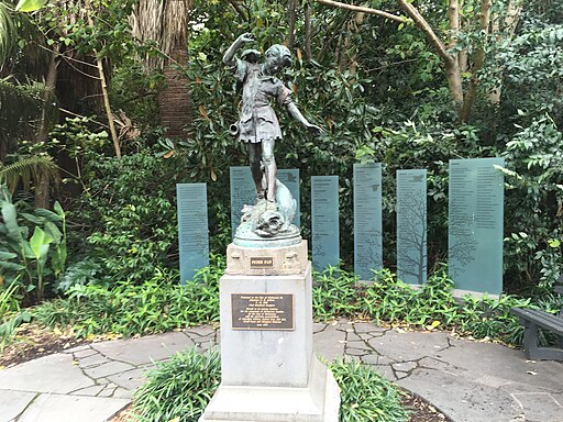 Small statue of Peter Pan standing and looking down on a plinth surrounded by trees and plaques of names