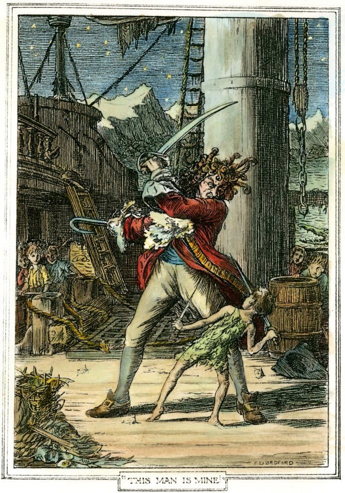 on board a pirate ship in front of the mast, Peter in green holds two swords and fights Hook in a red coat and wig who is three times his size