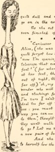 Portion of a hand written page with text on the right, a drawing of Alice in pinafore and elongated neck takes up the entire left half