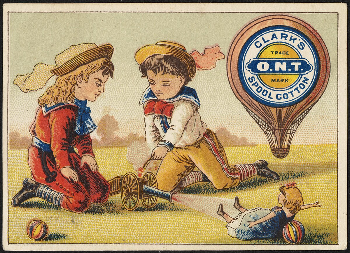 advertisement illustration of a boy and a girl in sailor collars and hats leaning over a small canon that has fired at a doll
