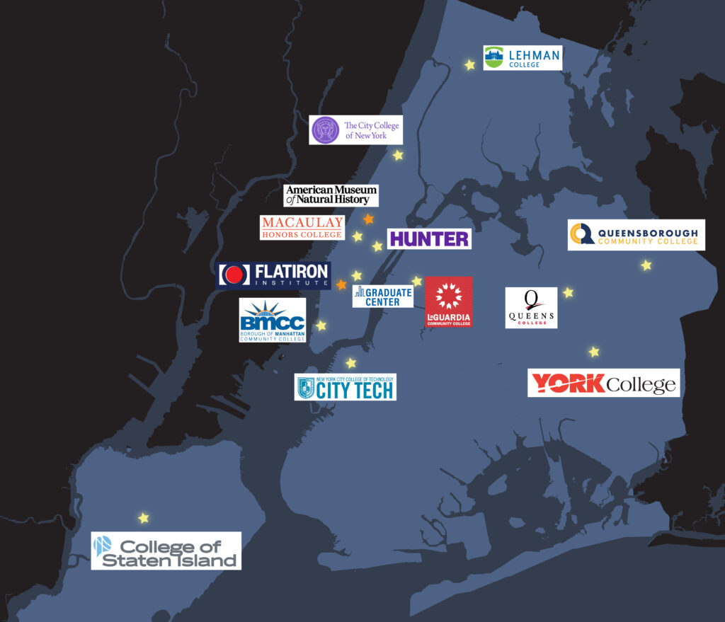 Stylized map of New York City displaying the campus logos of the affiliated CUNY campuses at which CUNY Astro is active.
