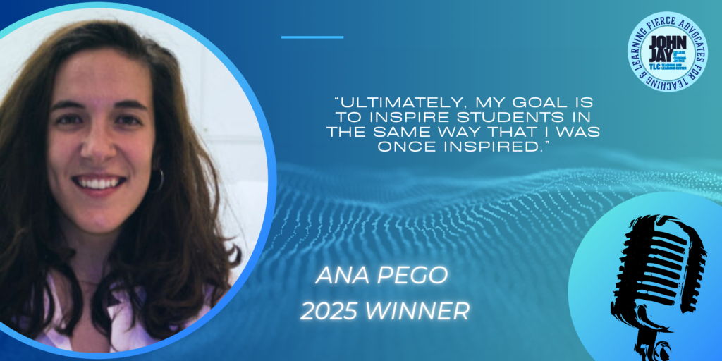 blue rectangle with photo of 2025 winner Ana Pego and quote