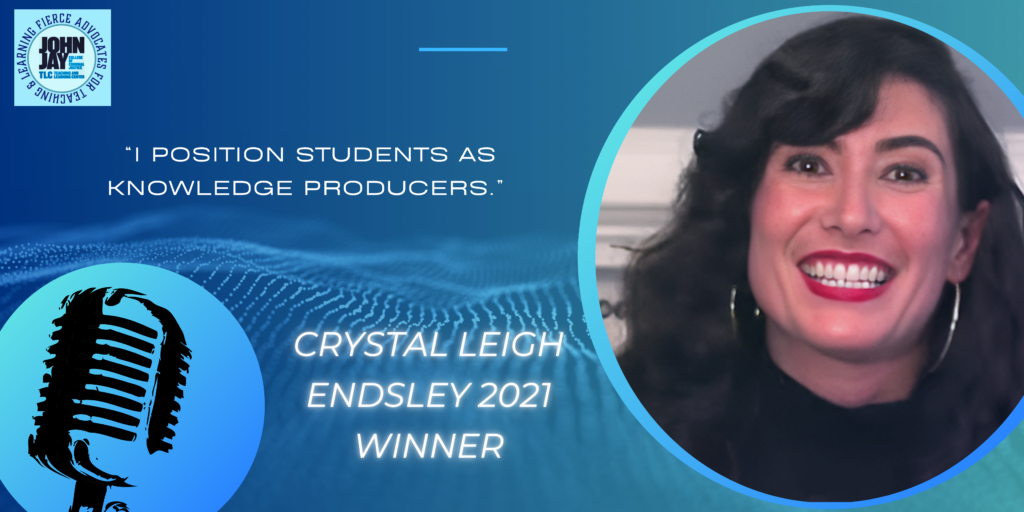 blue rectangle with photo of 2021 prize winner Crystal Endsley and quote