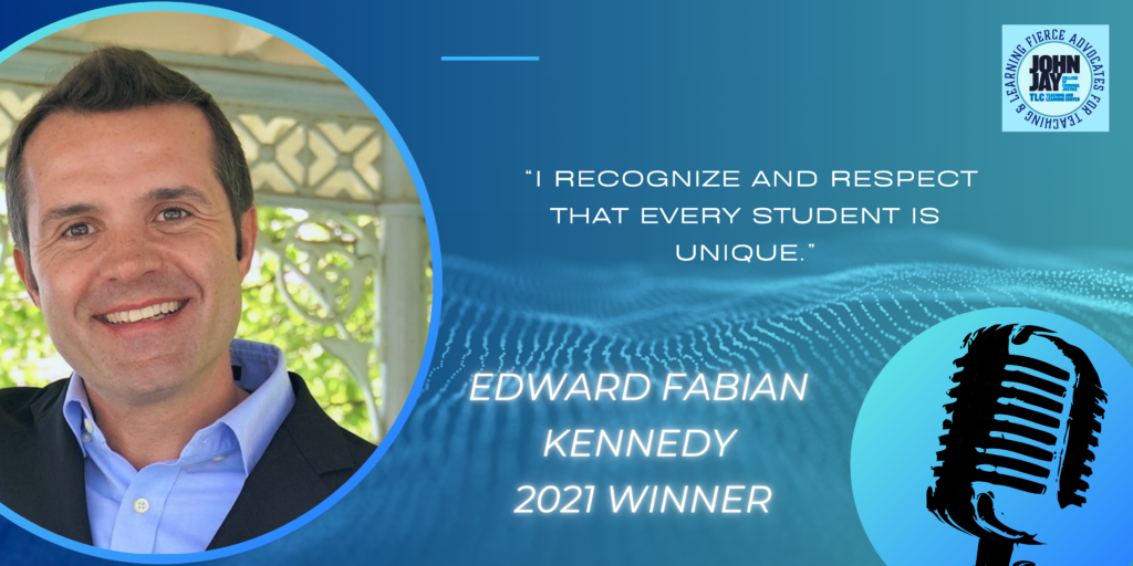 blue rectangle with photo of Edward Fabian Kennedy and quote