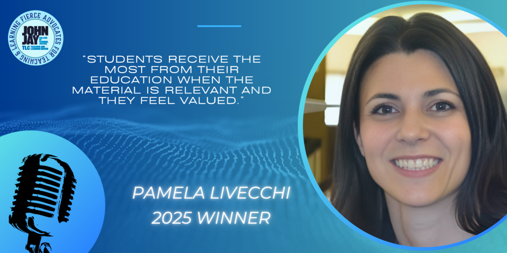 blue rectangle with photo of 2025 prize winner Pamela Livecchi and quote