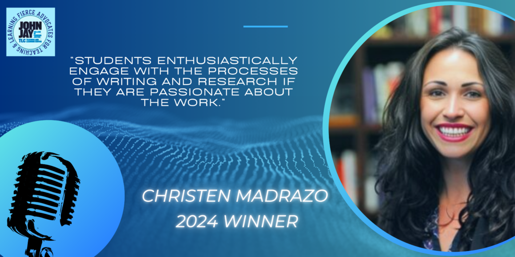 blue rectangle with photo of 2024 prize winner Christen Madrazo and quote