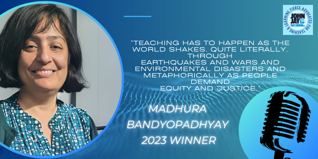 blue rectangle with photo of 2023 prize winner Madhura Bandyopadhyay and quote