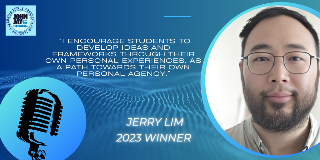 blue rectangle with photo of 2023 prize winner Jerry Lim and quote