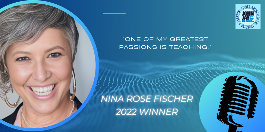 blue rectangle with photo of Nina Rose Fischer and quote