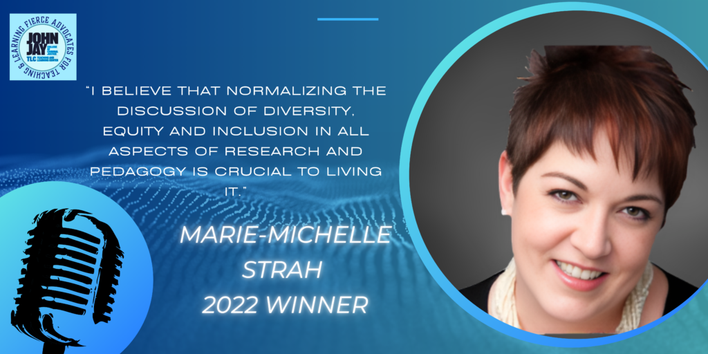 blue rectangle with photo of 2022 prize winner Marie-Michelle Strah with quote and photo