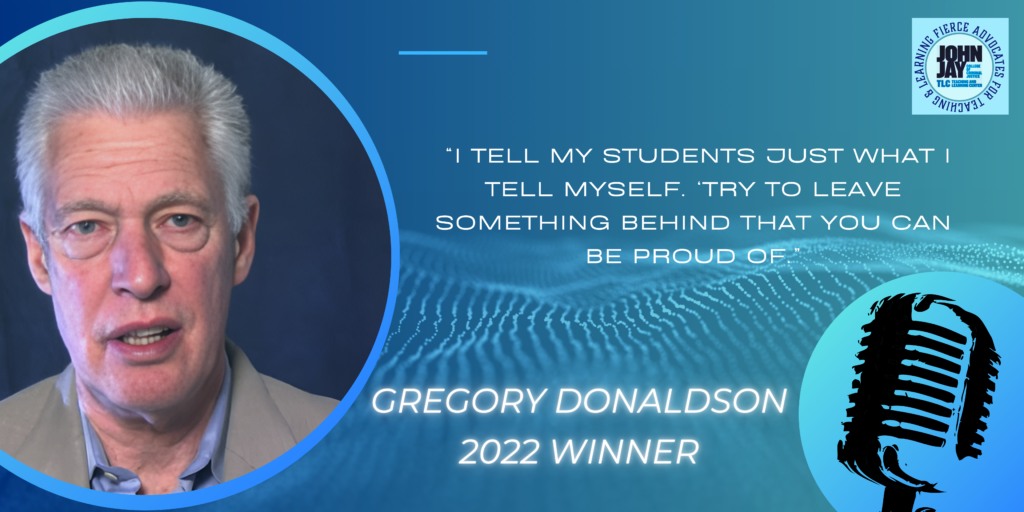 blue rectangle with photo of 2022 prize winner Gregory Donaldson and quote