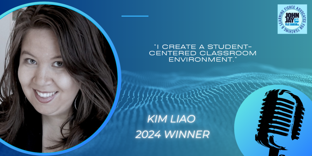 blue rectangle with photo of 2024 prize winner Kim Liao and quote