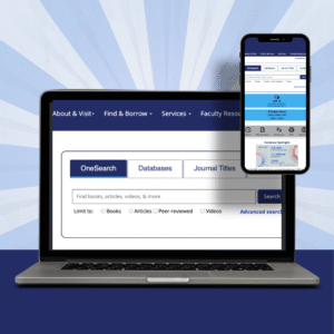 Laptop and phone showing the new Lloyd Sealy Library website on a blue background.