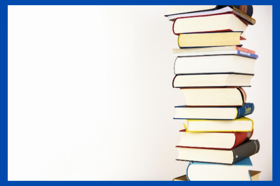 Stack of colorful hardcover books on a white background with a solid blue border.